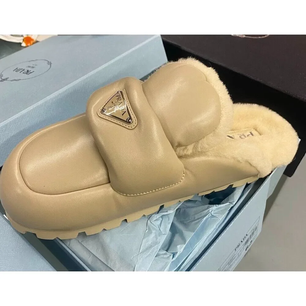 PRADA Soft Padded Nappa Leather Shearling Mules Rare Beige 40.5 - Picture 8 of 8